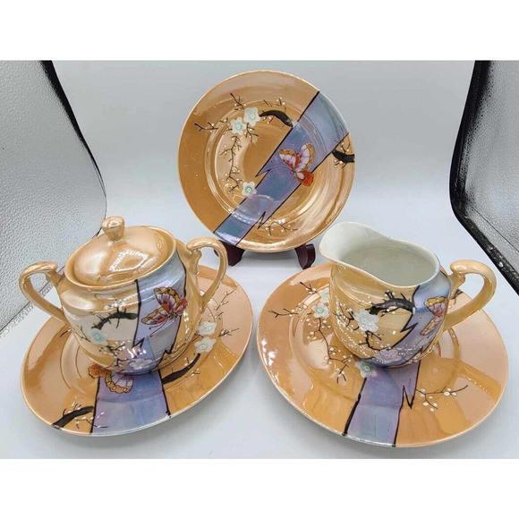 Vtg Hand Painted Japanese Lusterware Set. 3 plates 7 1/4", Sugar Bowl & Creamer - Picture 1 of 14